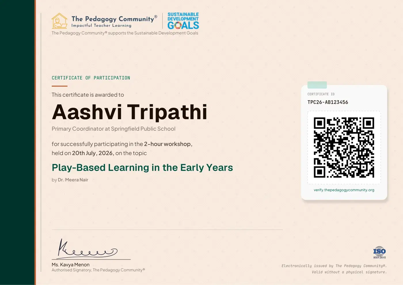 Sample Pedagogy Community certificate with the certificate ID and QR code at the top right